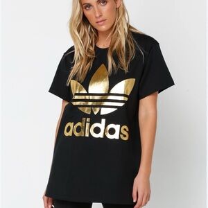 Adidas Women's Black and Gold Logo T-Shirt size small
